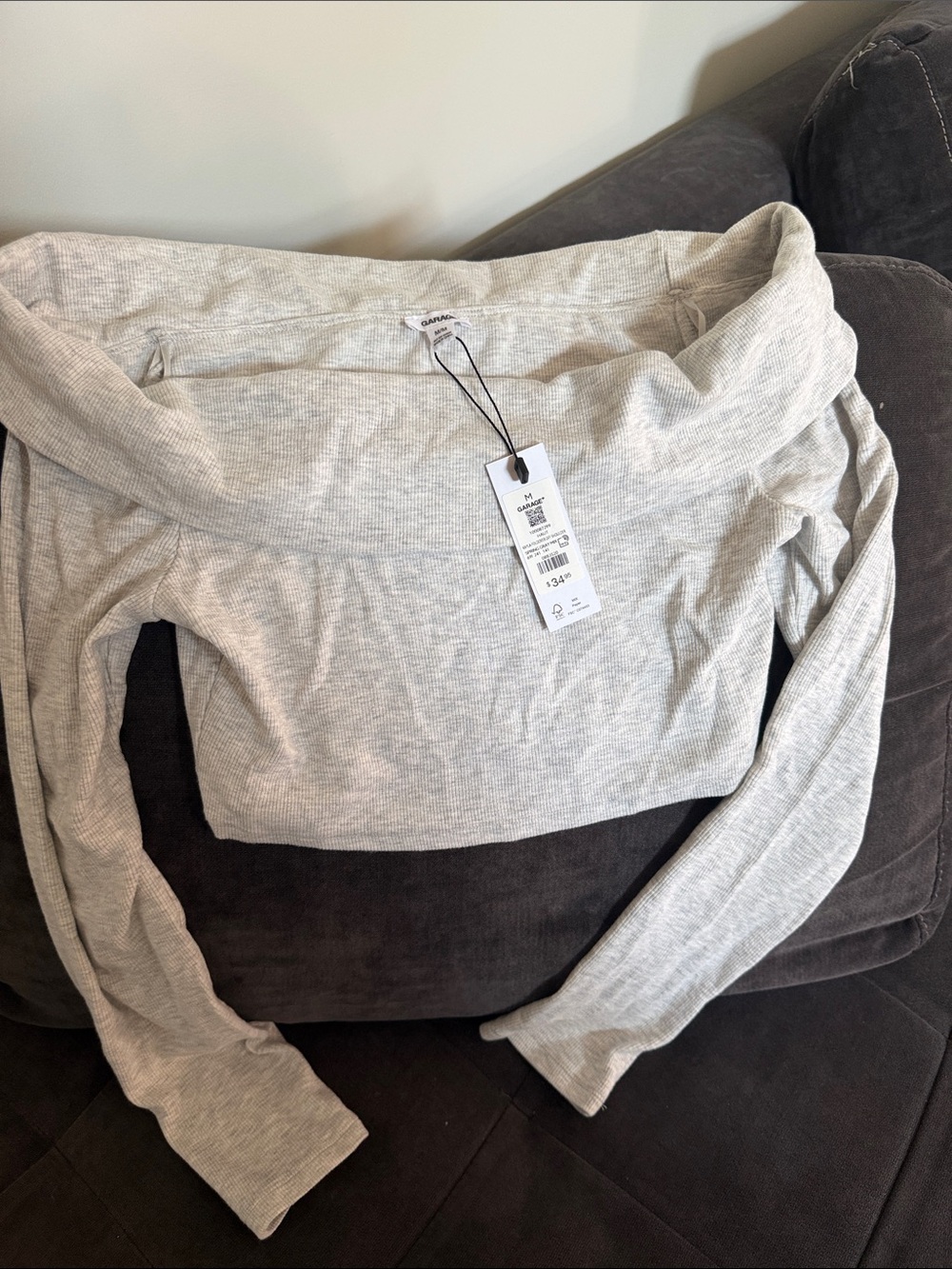 Garage Light Gray Off-Shoulder Ribbed Crop Top